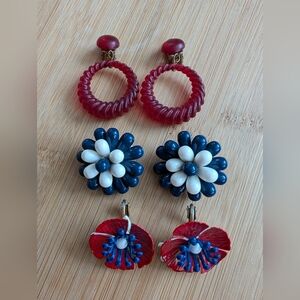 Vintage clip on earrings, plastic and enamel, red white and blue - set of 3